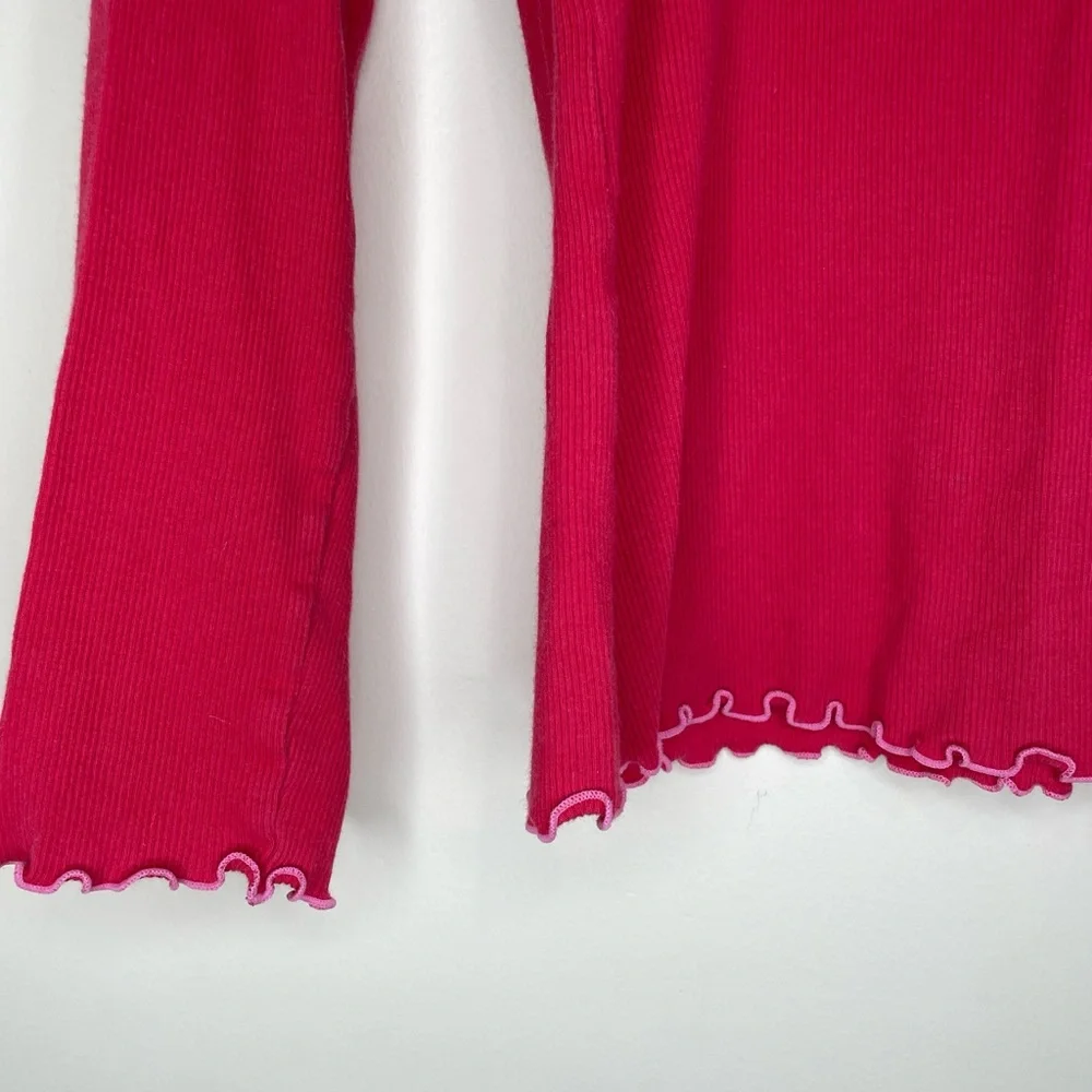 HUE Dreamy red wash Pink Lace Trim Ribbed baby tee Top long sleeve L - Picture 2 of 9